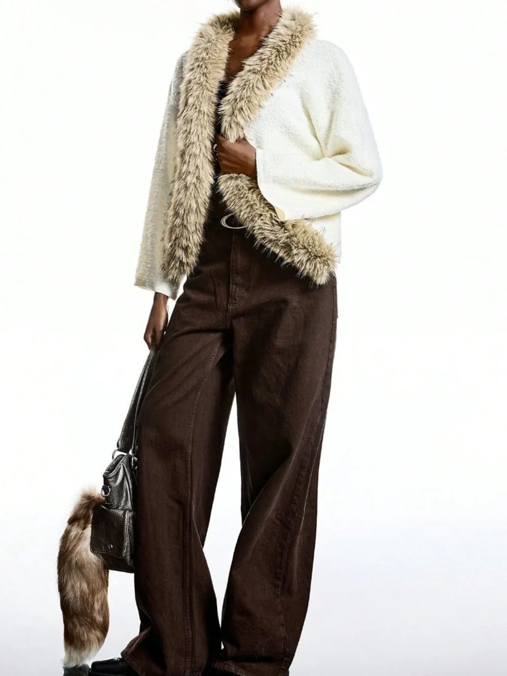 Beige Casual Women's Polka Dot Elegant Fur-Collar Long Sleeve Cardigan